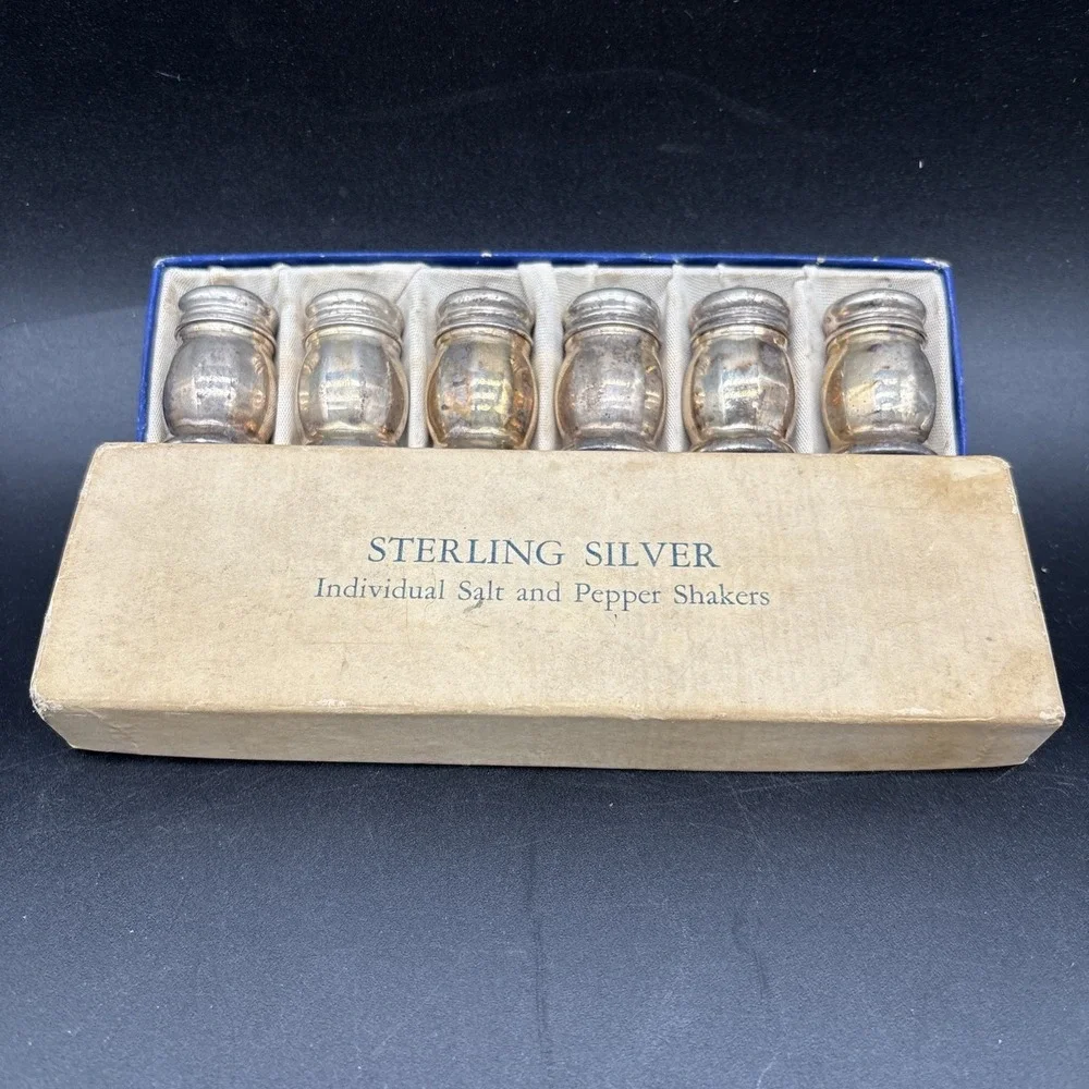 Sterling Silver 925 Set of 6 Individual Salt Pepper Shakers Vintage in Box 56 g‎